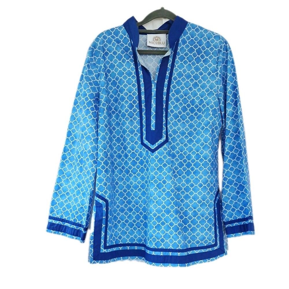 NICoBLU‎ Women's Tunic Top Size M 100% Cotton Blue White Coastal Resort Beach